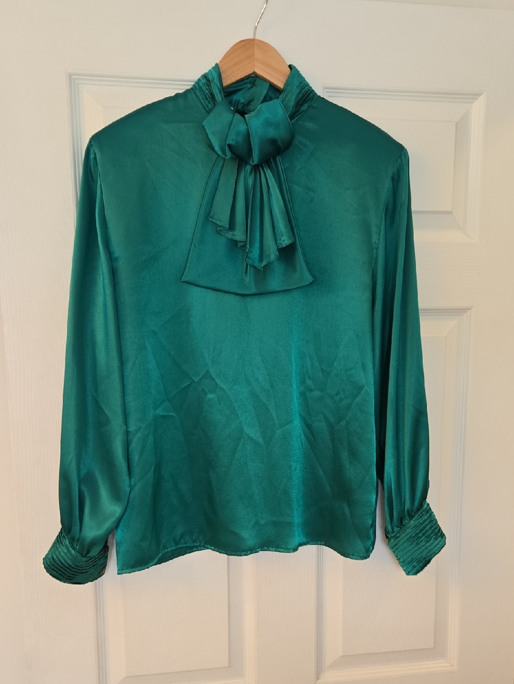 Vintage Emerald Satin Tie-Neck Button Up Back Blouse with Pleated Cuffs